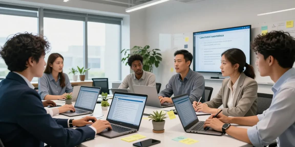 Team discussing the cyber essentials checklist in a modern office setting, showcasing collaborative cybersecurity efforts.