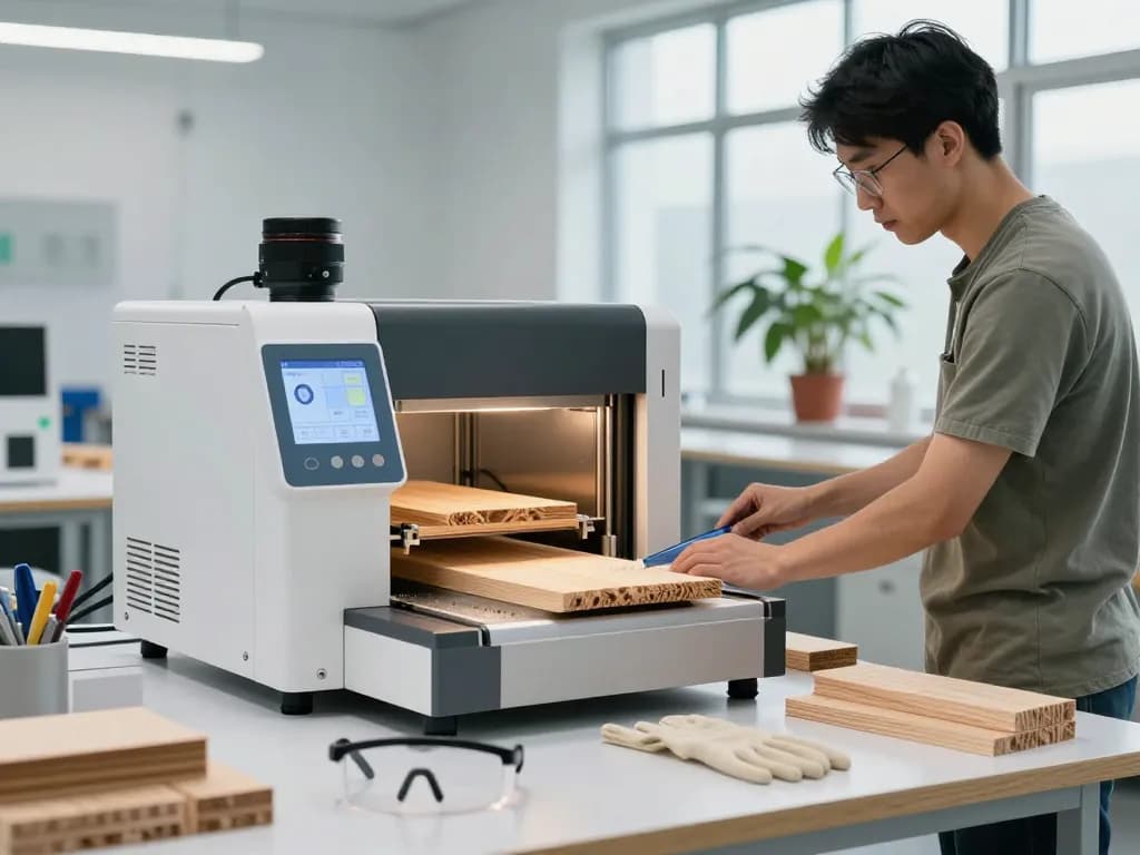 Processo di trattamento del legno al microonde che utilizza trattamento microonde antitarlo in un moderno laboratorio di controllo dei parassiti.